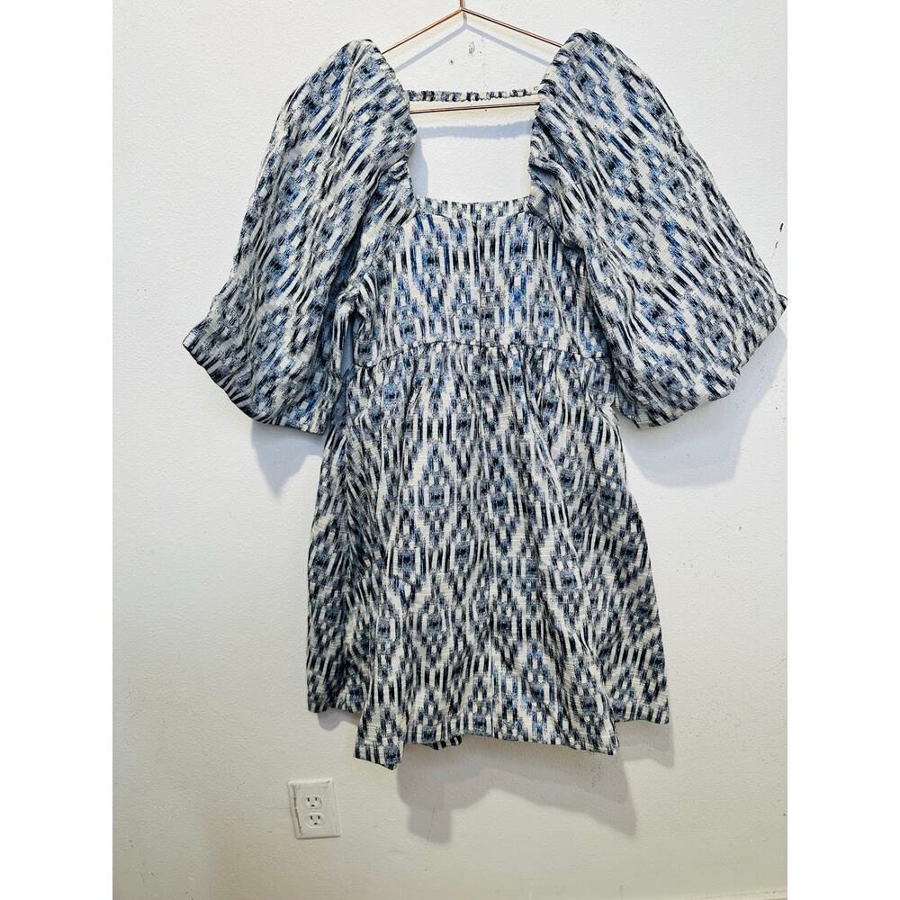 NWT MUNTHE Women's Blue White Chew Puff Sleeve Bubble Hemline Min Dress Size 36 - Picture 6 of 16